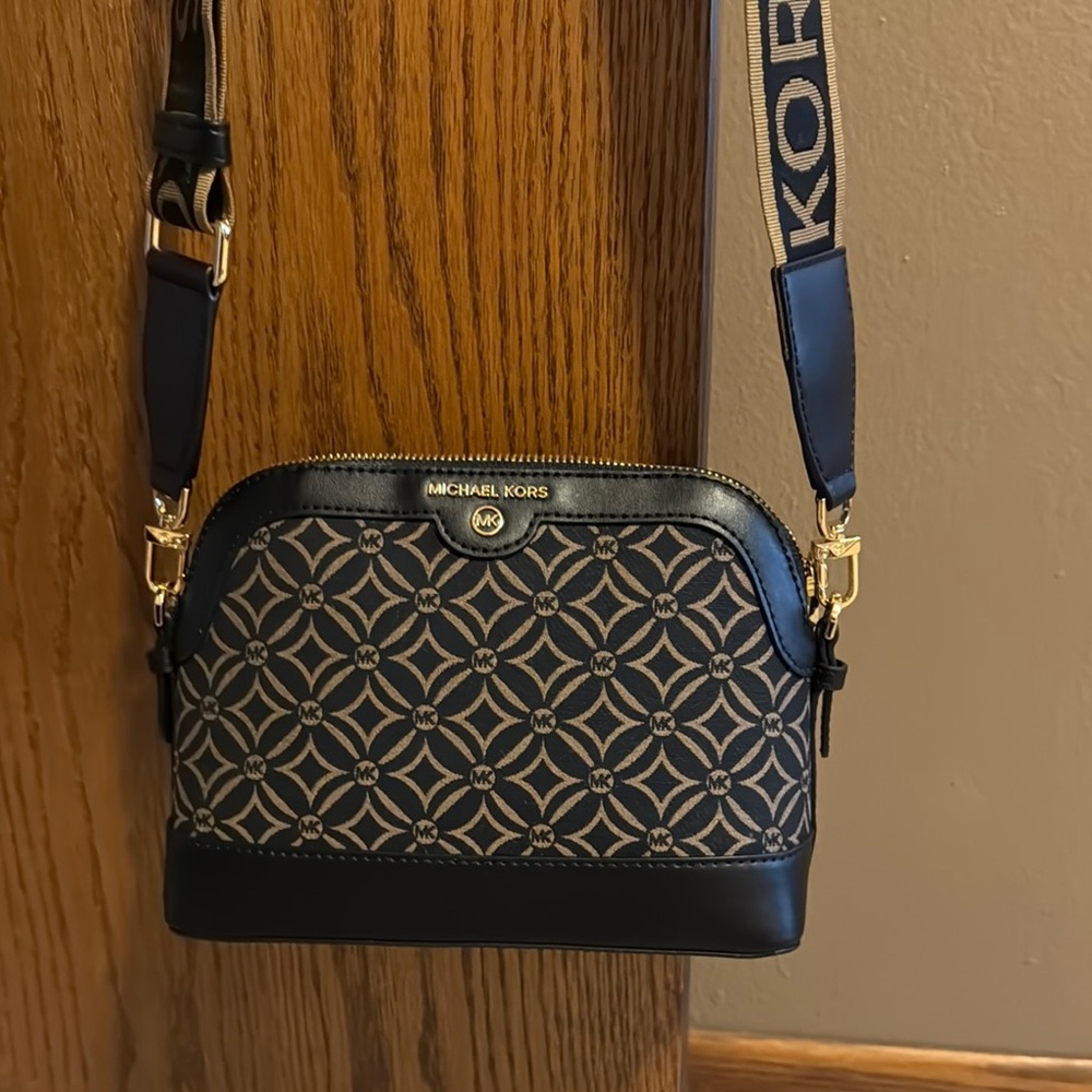 Michael Kors Black and Brown Crossbody Bag with Gold Hardware